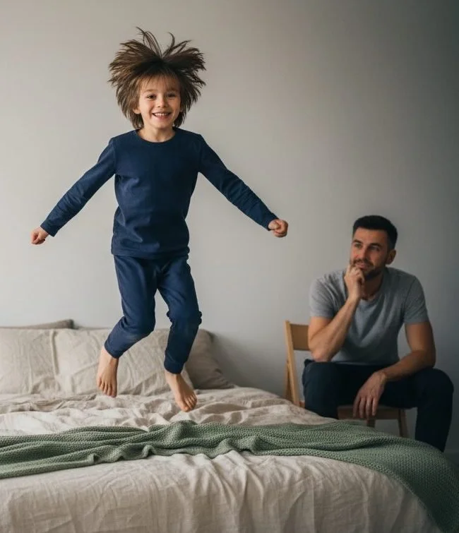 Young boy jumping on the bed with high energy while tired parent sits watching.