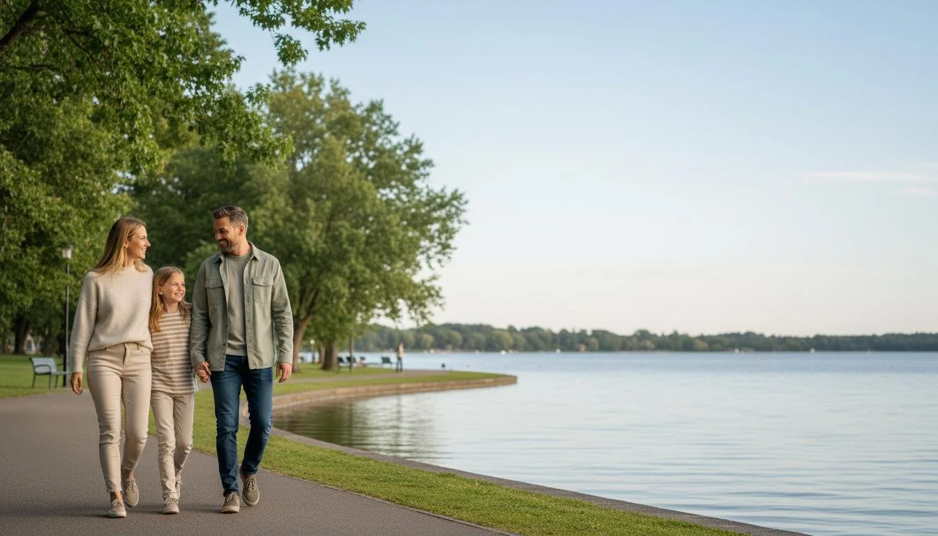 Relaxed family of three walking next to a lake in the afternoon.