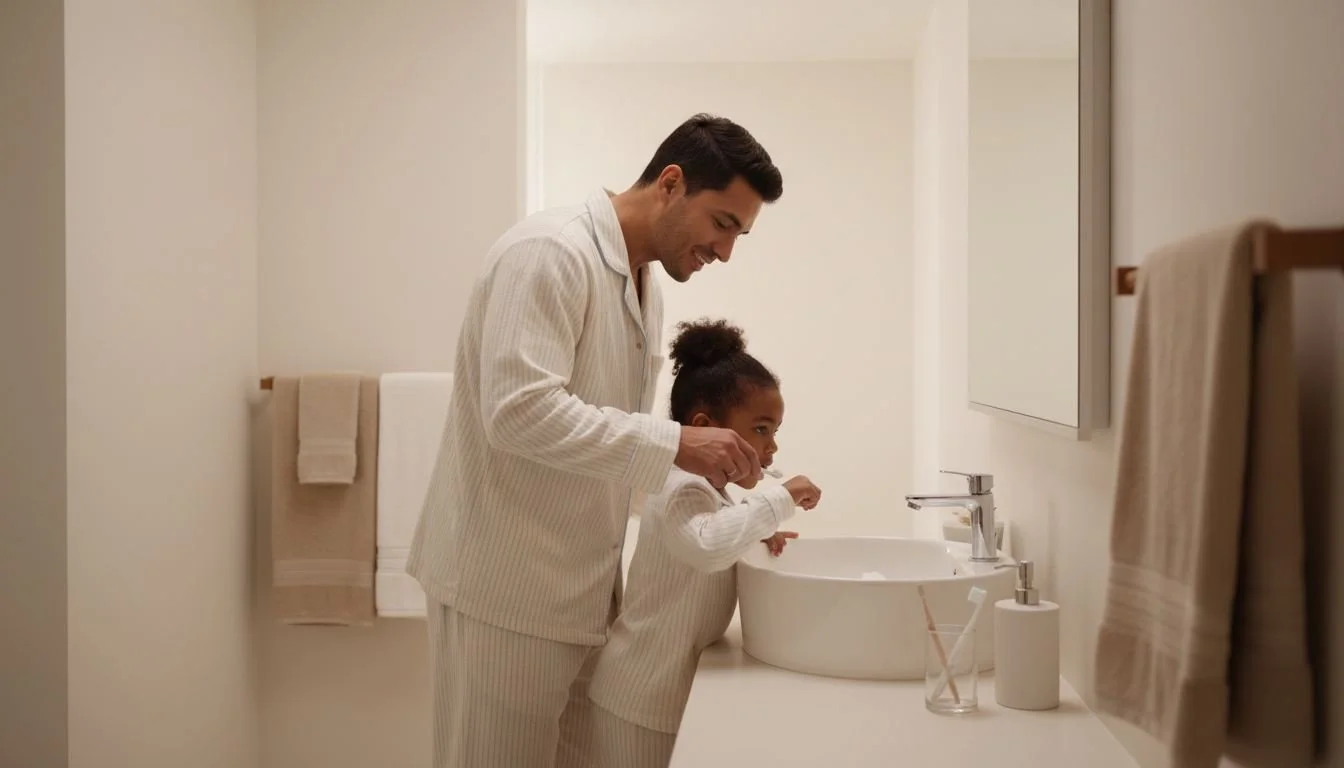 Parent helping child with skill development during bedtime routine.