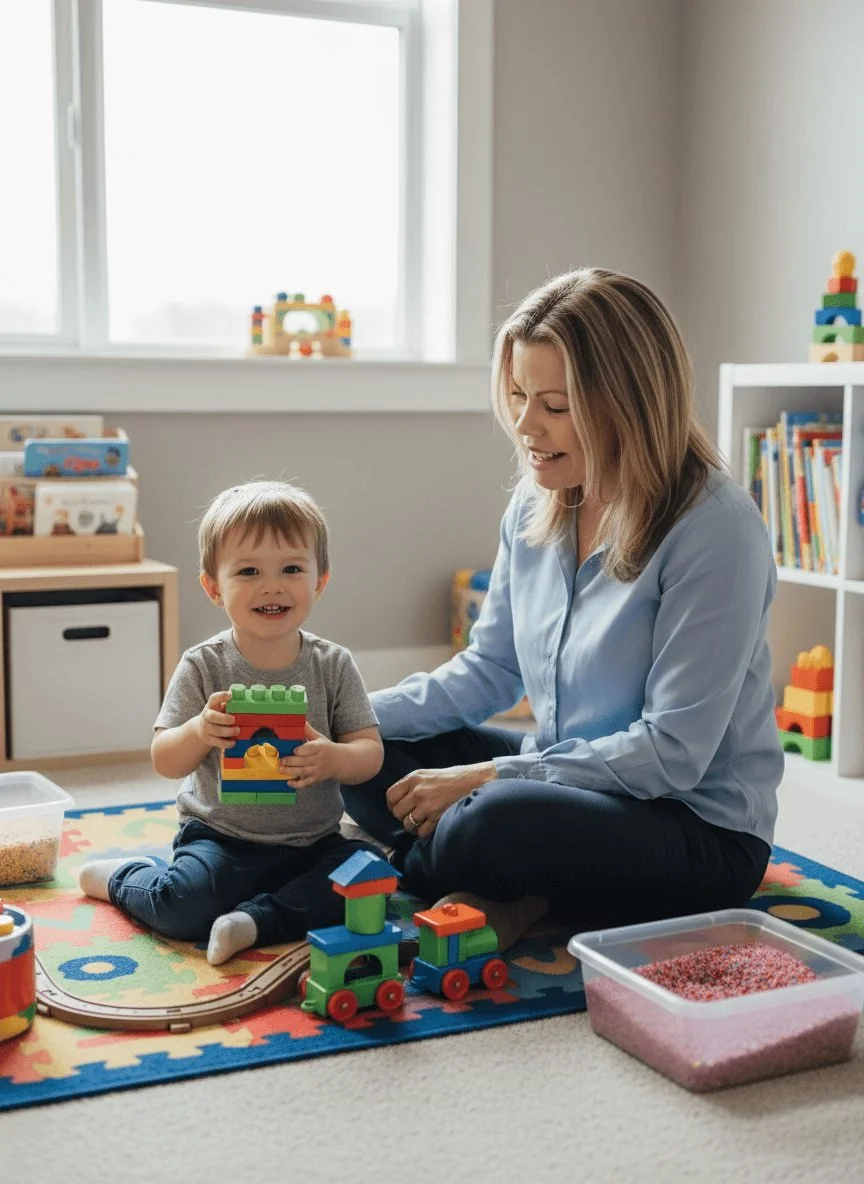 Sleep coach Elisha Iggulden during play-based assessment with toddler boy.