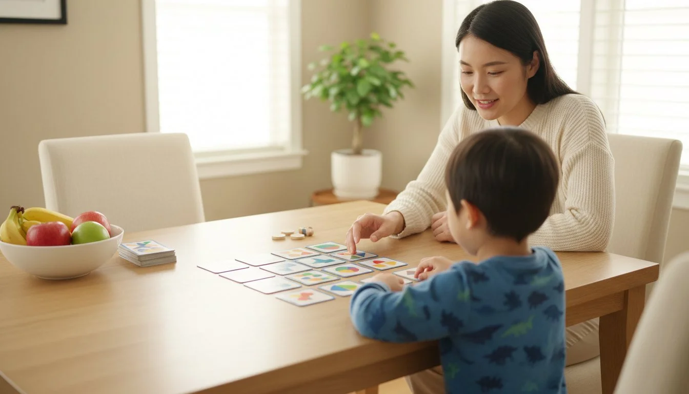 Mother playing a turn-taking game with young son at the kitchen table.