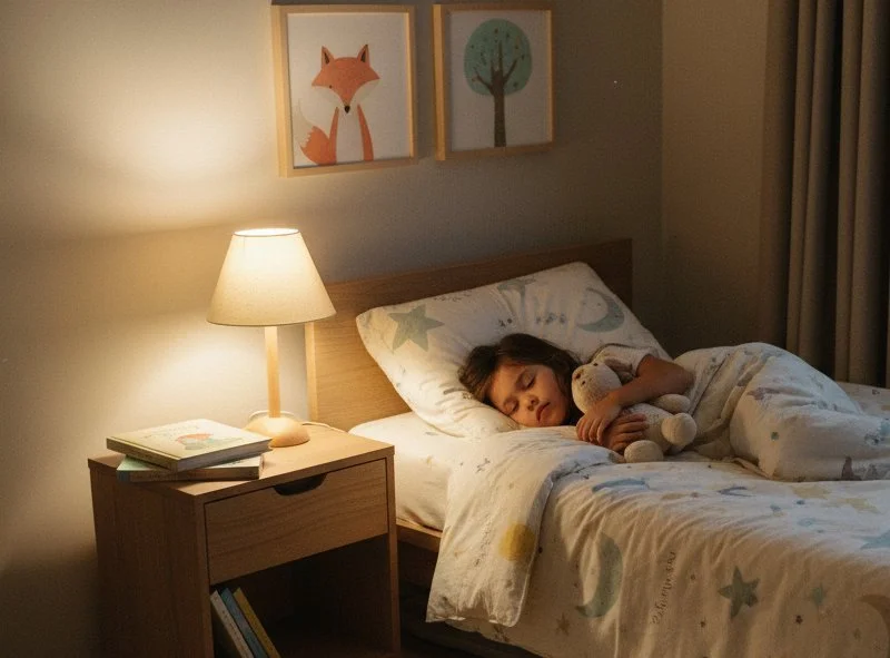 Young girl sleeping independently while holding a stuffed animal.