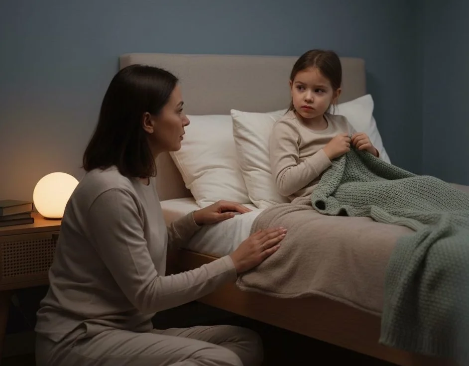 Young girl sitting awake in bed looking anxious and unable to sleep, with mother sitting next to her.
