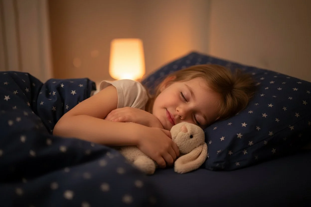 Young girl sleeping peacefully and independently in her bed.