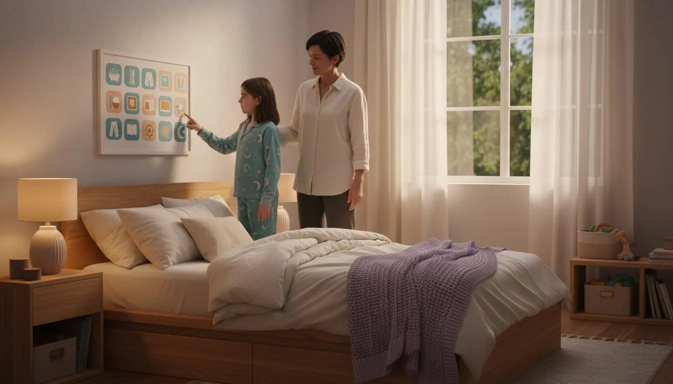 Mother with neurodivergent daughter implementing a visual schedule during bedtime routine.