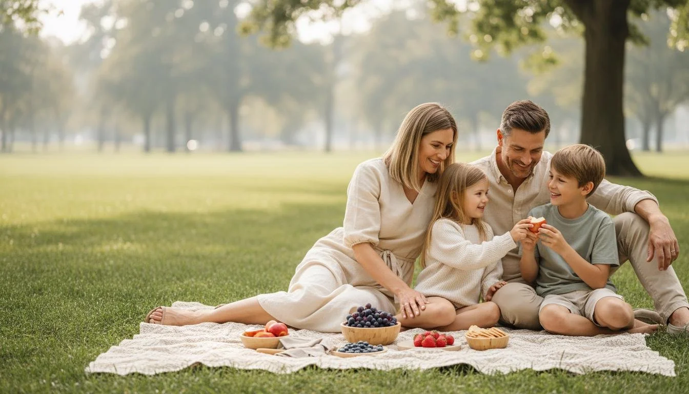 Happy family enjoying a picnic in a peaceful, green park.