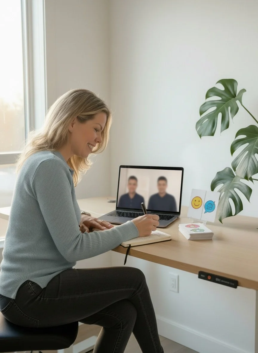 Elisha Iggulden, Sleep Specialist, conducting a detailed sleep assessment with a family during a virtual consultation.