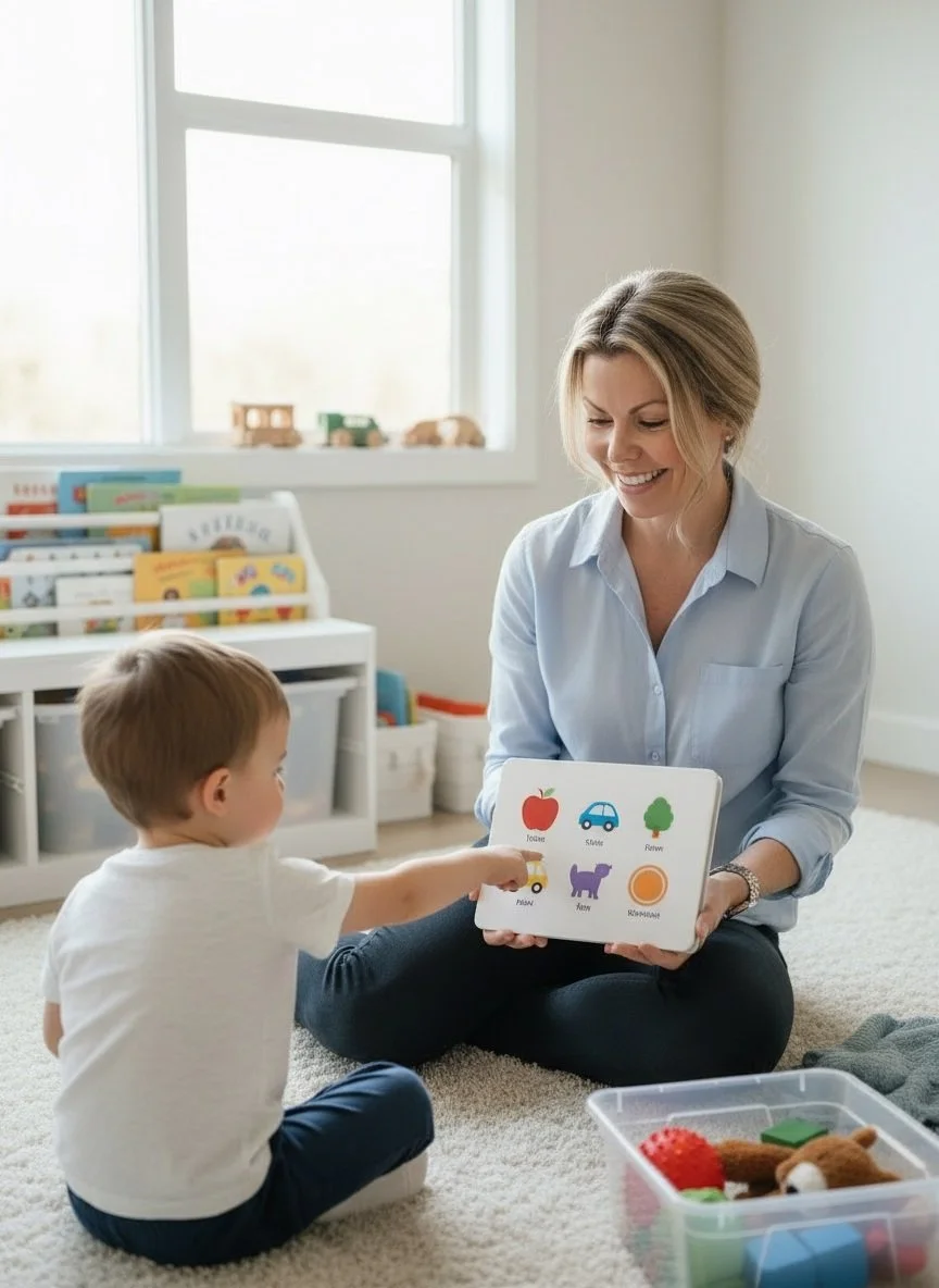 Elisha Iggulden, Board Certified Behavior Analyst (BCBA) during an ABA-based behavior intervention session with a young child.