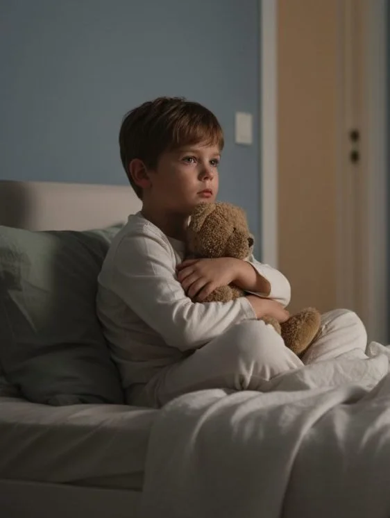 Anxious looking young boy sitting awake in bed holding a teddy bear.