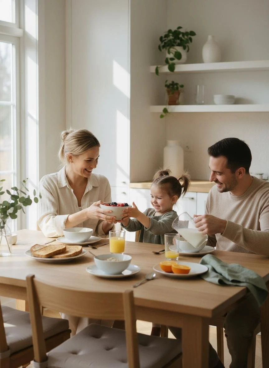Well-rested family enjoying breakfast together in the morning.