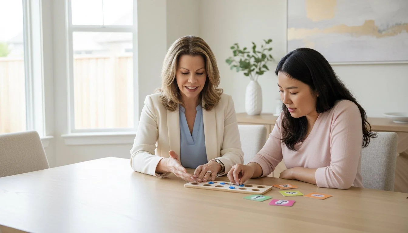 Elisha Iggulden, Behavior Analyst coaching parent on use of token boards for neurodivergent support.