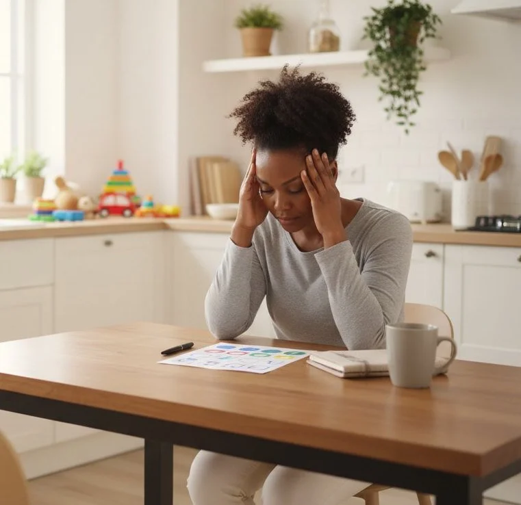 Mother sits at the kitchen table looking overwhelmed and exhausted.