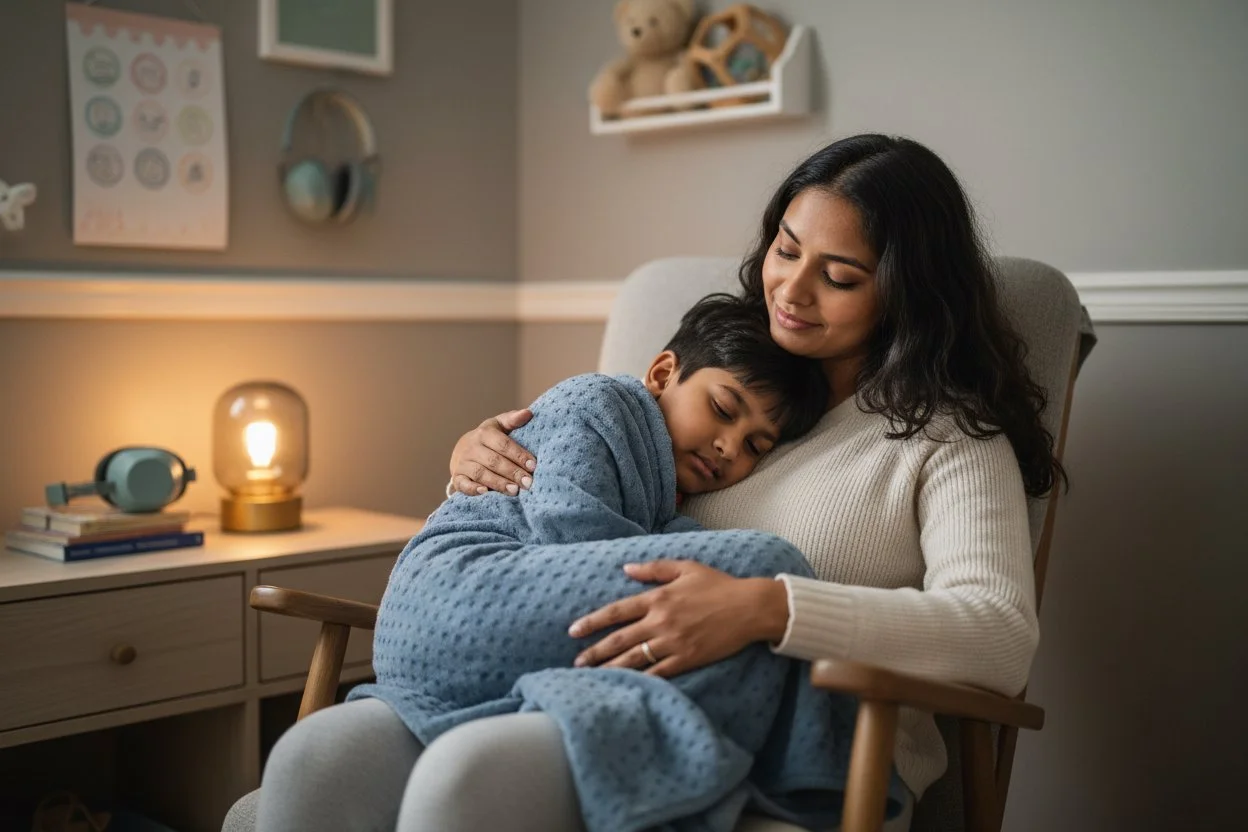Mother holding sleeping boy in her arms at bedtime.