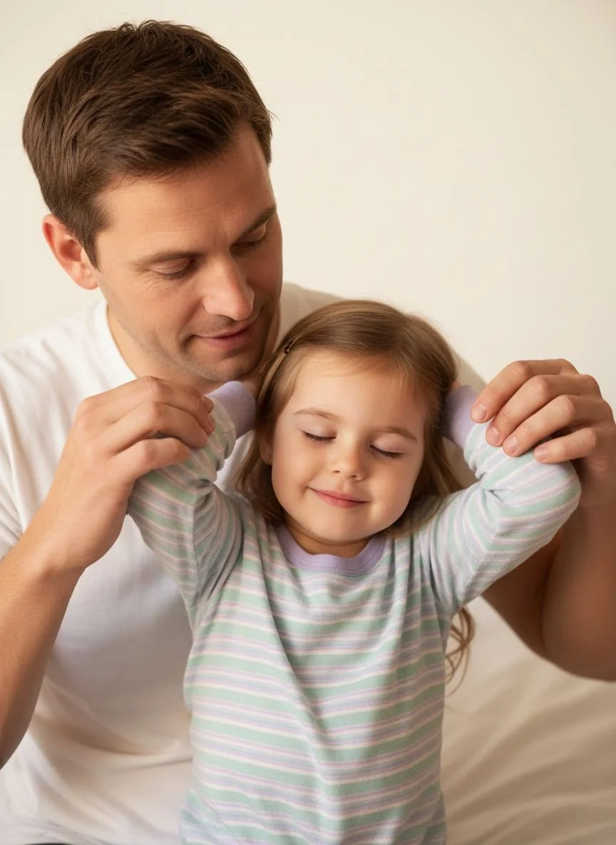 Father using evidence-based strategies to teach dressing skills.