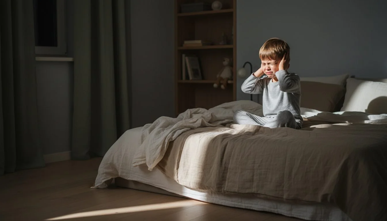 A neurodivergent and sensitive young child feeling anxious at bedtime.