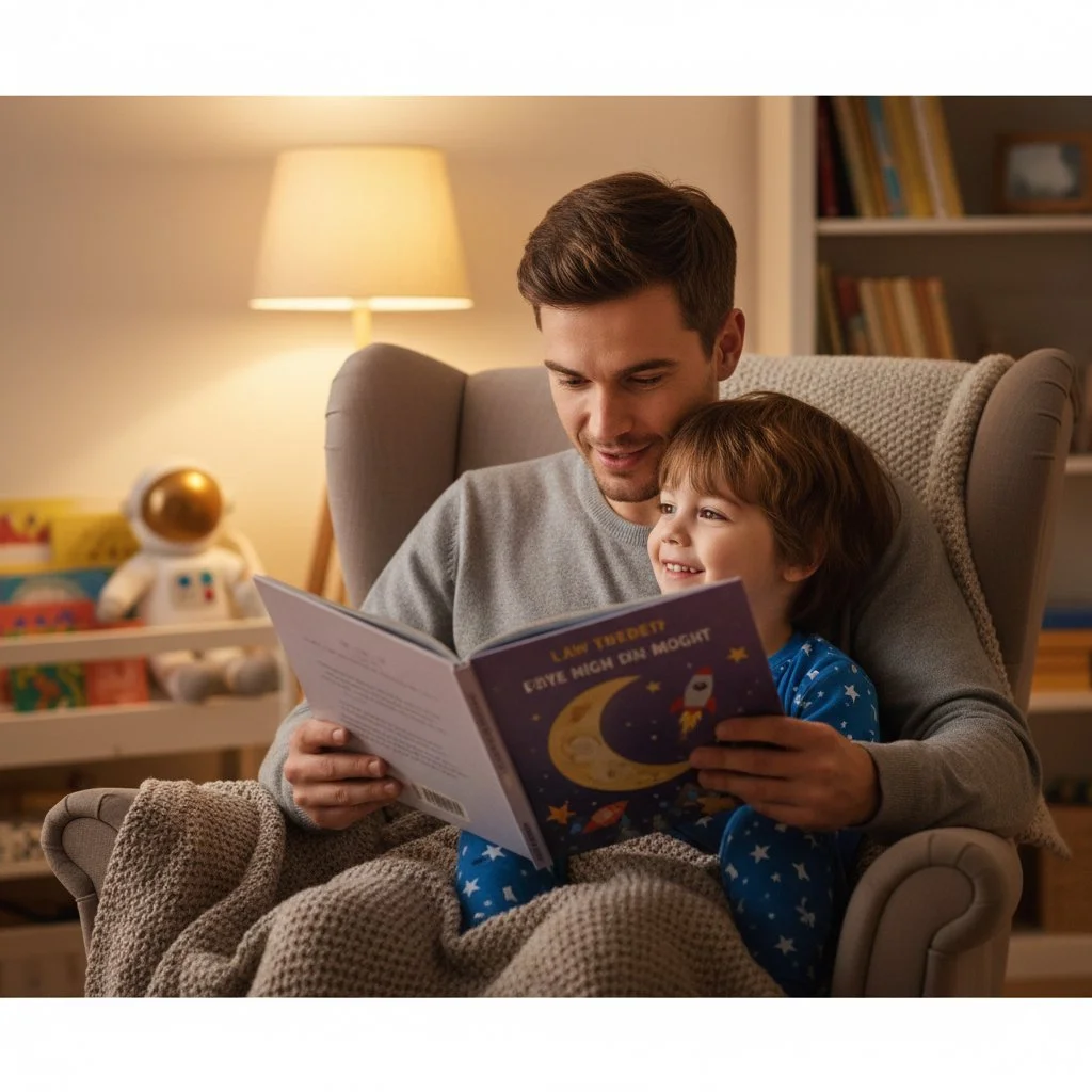 Father with young son reading bedtime story during the evening routine..