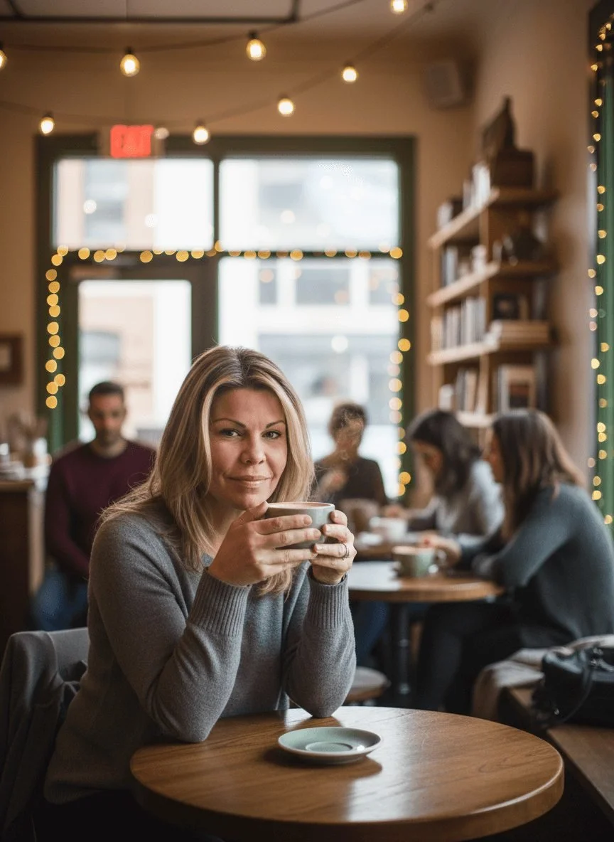 Elisha, child sleep specialist and parent coach sitting in a coffee shop.