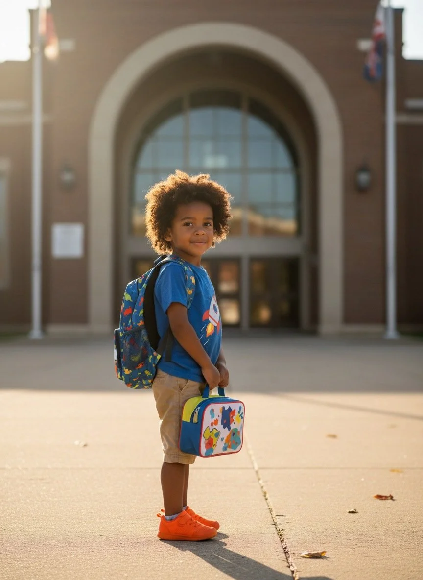 Young boy with curly hair standing near the entrance of school looking confident.