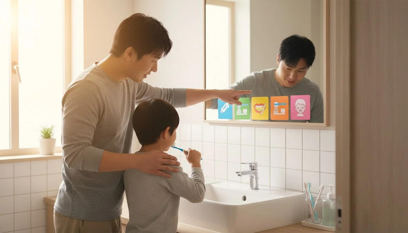 Parent using a visual schedule during the bedtime routine with a child with autism.