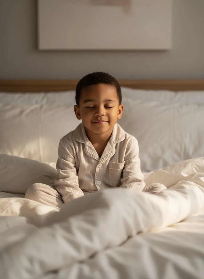 Young boy sitting quietly on his bed, awake and looking peaceful.