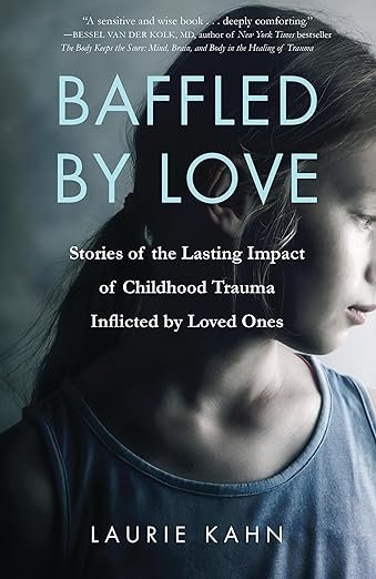 Book cover of 'Baffled by Love' by Laurie Kahn, featuring a woman with dark hair looking down, with a somber expression, against a dark background.