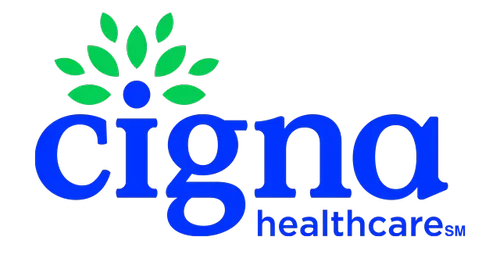 Can We Meet accepts Cigna Healthcare. Picture of a logo with green leaf design above the blue lowercase text 'cigna' and smaller blue text 'healthcare'.