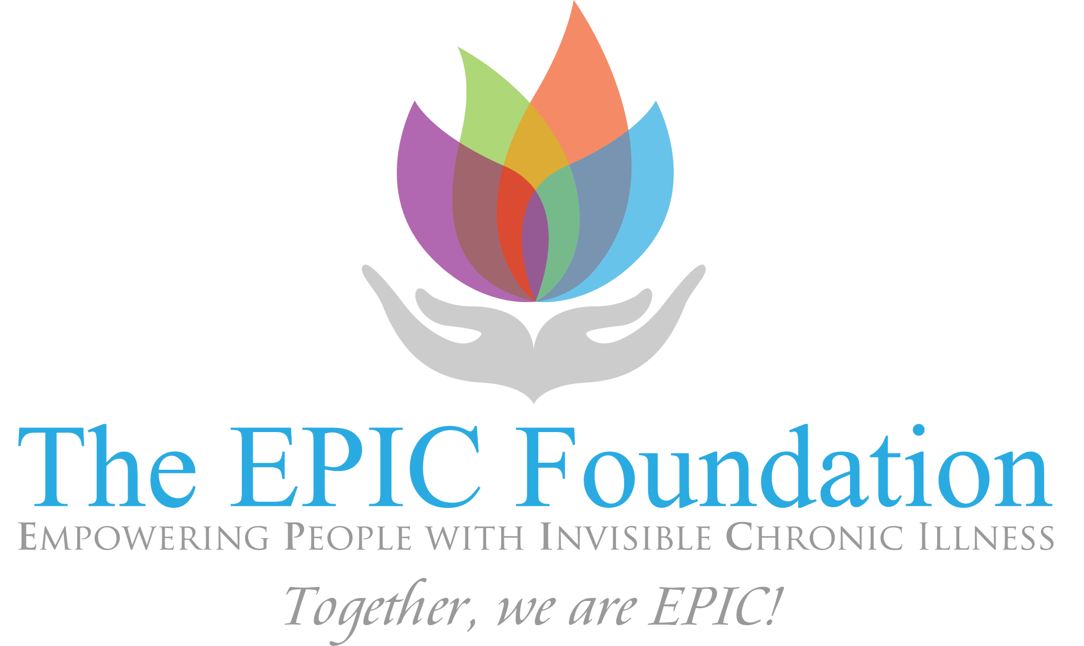 Logo of The EPIC Foundation with a stylized multicolored flower above two grey hands, the foundation's name in blue, tagline in grey, and the slogan "Together, we are EPIC!" in italic grey.