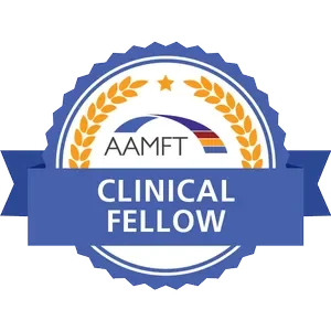 Kelsie Johnson, AAMFT Clinical Fellow certification, with Can We Meet Therapy. A circular badge for AAMFT Clinical Fellow. The badge has a blue ribbon in the center with white text and an outer ring decorated with orange laurel leaves.