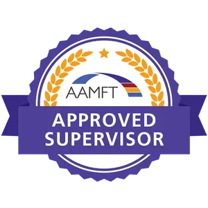 Kelsie Johnson, AAMFT Approved Supervisor certification with Can We Meet Therapy. The badge has a purple ribbon in the center with white text and an outer ring decorated with orange laurel leaves.