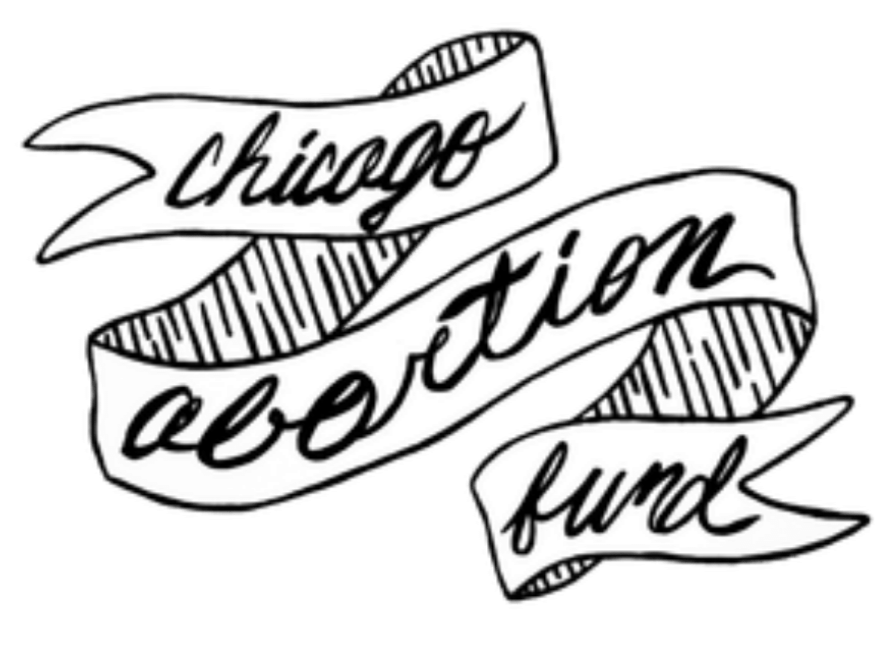 Illustration of a ribbon banner with the text 'Chicago abolition fund' in black cursive font on a black background.