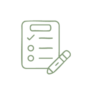 Outline drawing of a clipboard with checkboxes and a pencil.