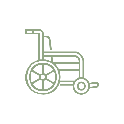 Line drawing of a wheelchair on a black background