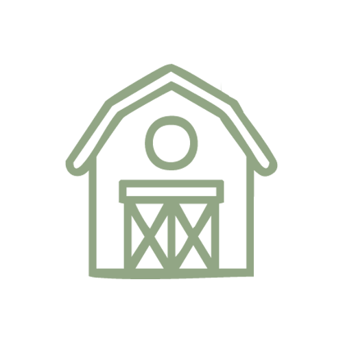 Minimalist icon of a barn with a circular window and double doors, drawn in green lines on a black background.