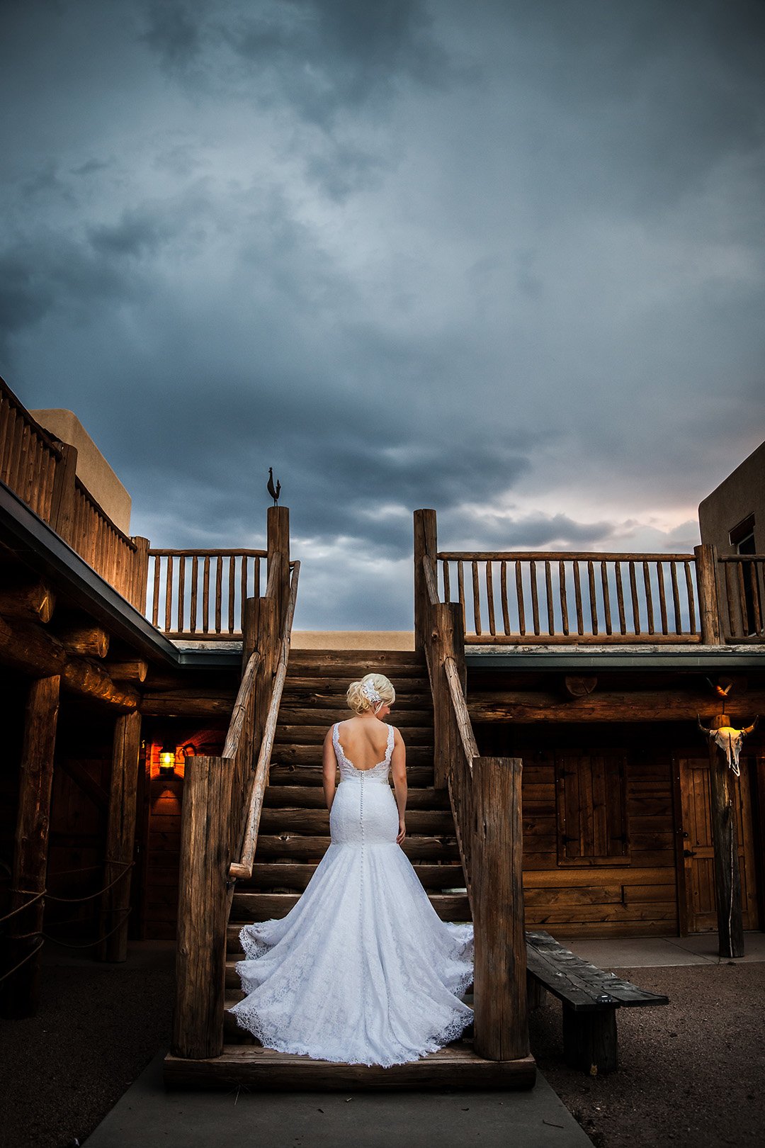 15 RFR Weddings Bride Back Train Courtyard Stairs Sunset  20150815-IMG_8978-2.jpg