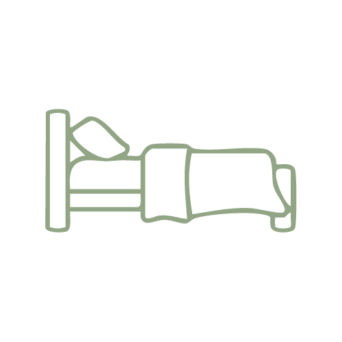 Line drawing of a bed with a pillow and blanket on it.