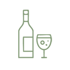 Outline drawing of a wine bottle and a glass of wine.