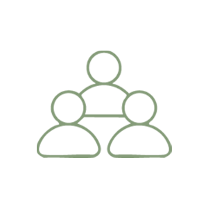 Line drawing of three people connected with a hierarchy or network structure, with one person at the top and two below.