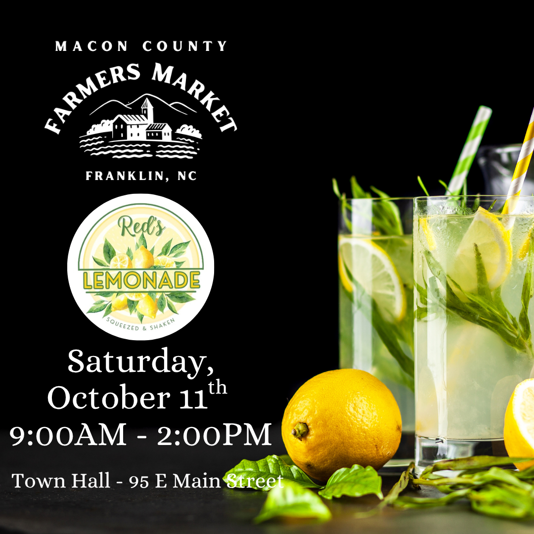 A promotional flyer for Farmer's Market in Macon County, Franklin, NC, featuring Lemonade with images of fresh lemons, glasses of lemonade with lemon slices and straw, and green leaves, with details of the event date and location.