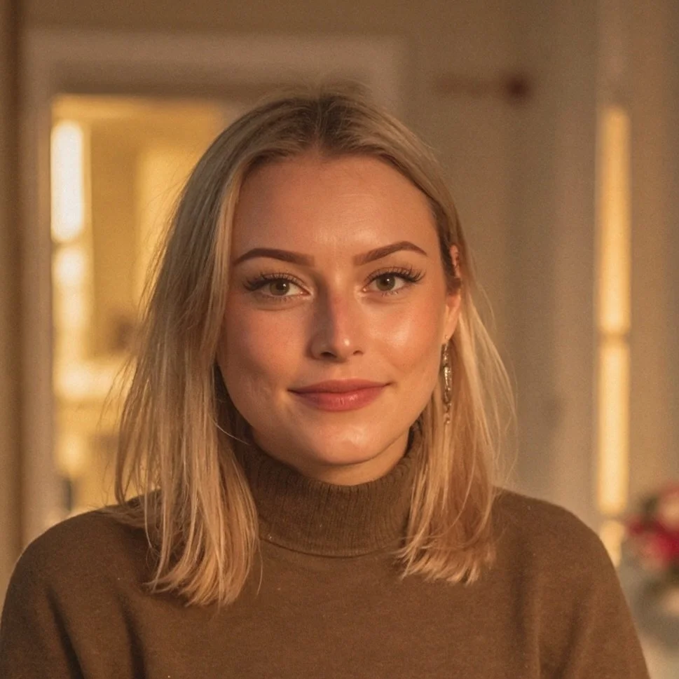 A young woman with blonde hair and green eyes, smiling, wearing a brown turtleneck sweater and dangling earrings, indoors with warm lighting.