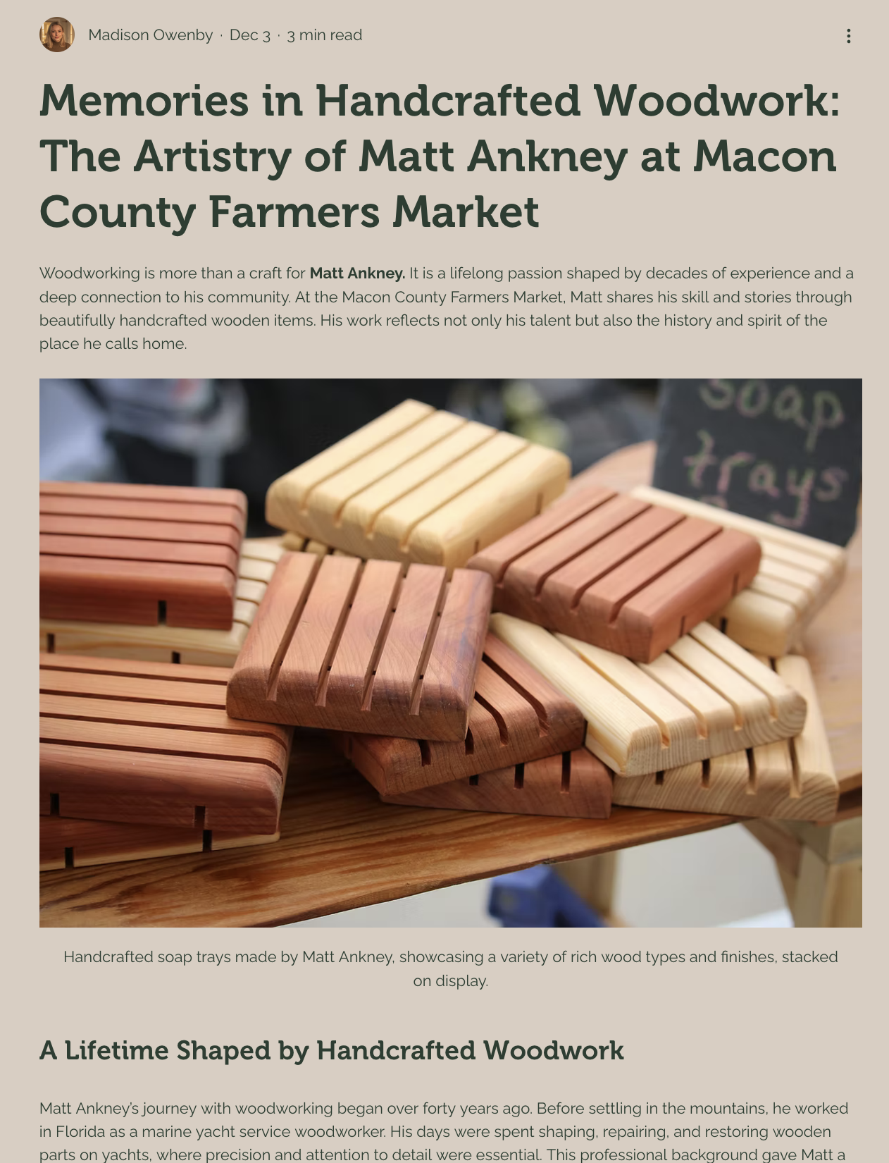 Colorful handcrafted wooden soap trays stacked on a wooden surface.