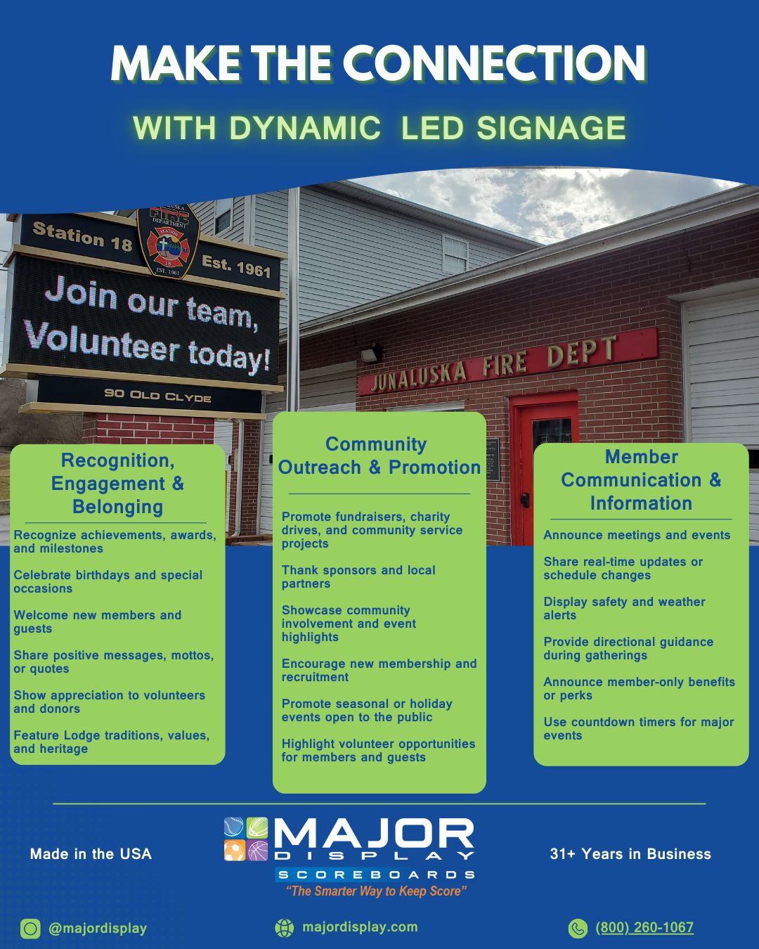 Poster advertising community engagement and recruitment for the Junausika Fire Department with green text boxes listing recognition, outreach, and communication strategies, a photo of the fire department building, and a digital sign inviting volunteers.
