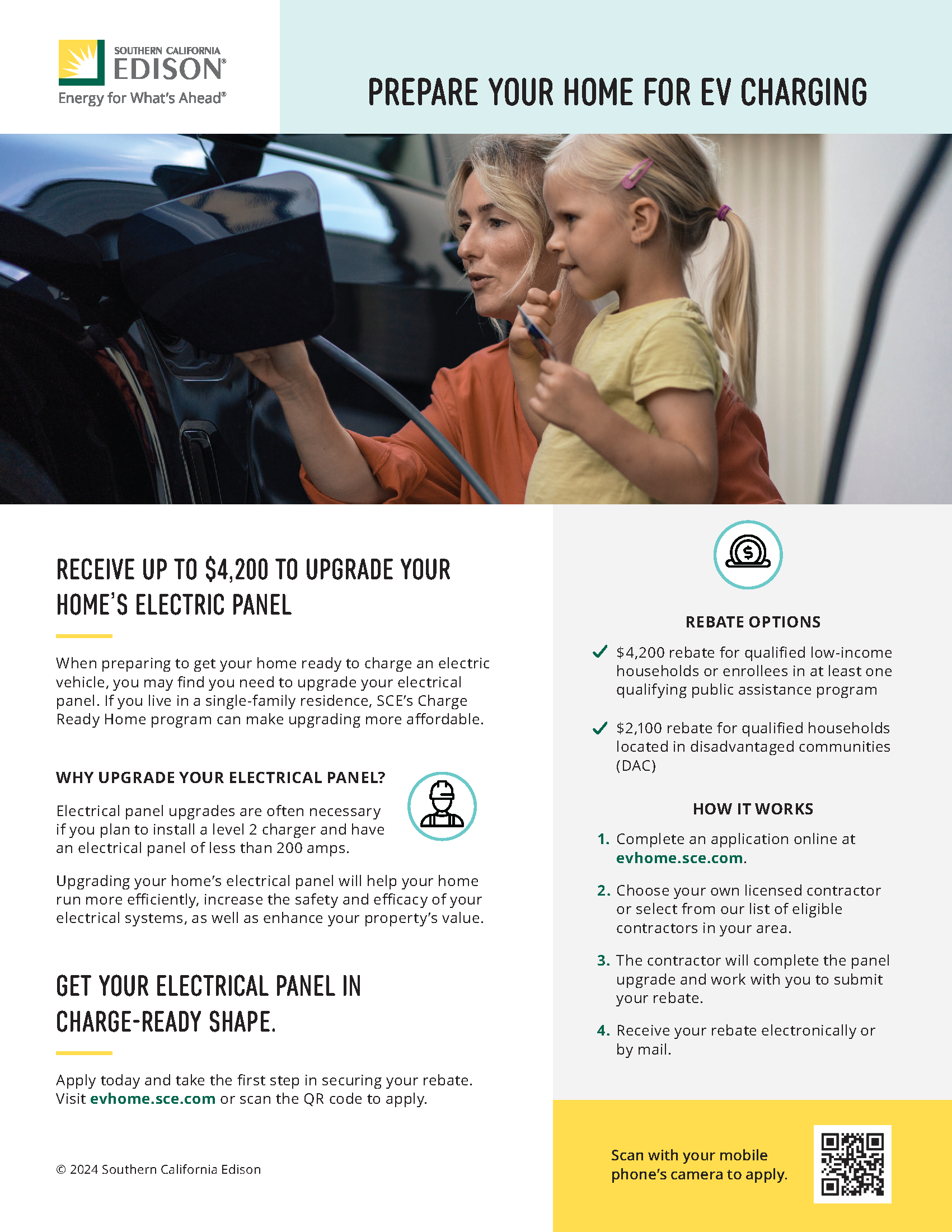 A woman and a young girl preparing an electric vehicle for charging in a garage. The woman is holding the charging cable while the girl watches with a pencil in hand.