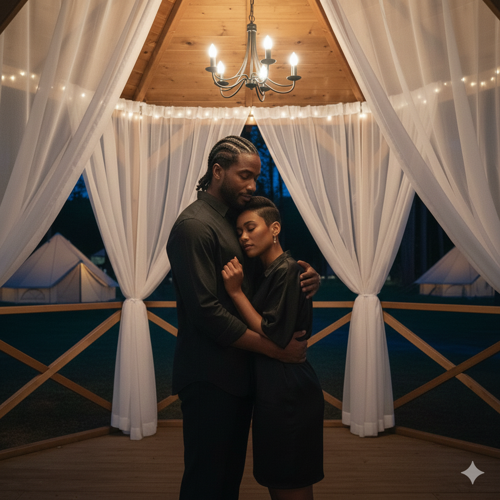 A couple embraces each other inside a wooden gazebo with white curtains, warm lighting, and string lights, during the evening.