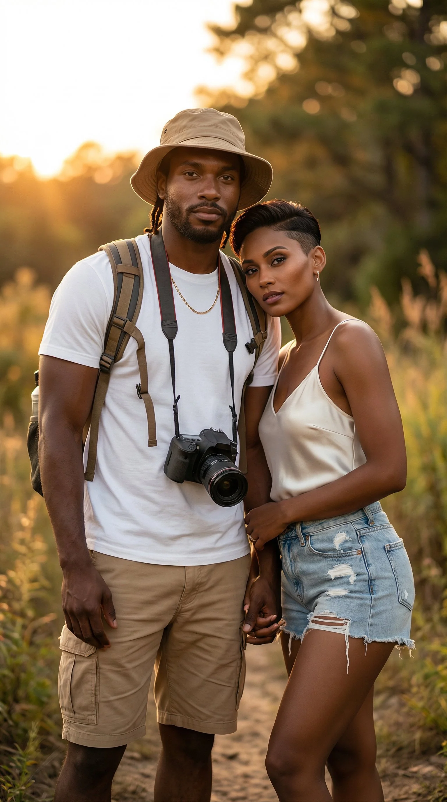A man and woman holding hands outdoors during sunset. The man is wearing a hat, white t-shirt, and has a camera around his neck. The woman is wearing a beige top and ripped denim shorts. They are standing on a dirt path with trees and warm sunlight in the background.