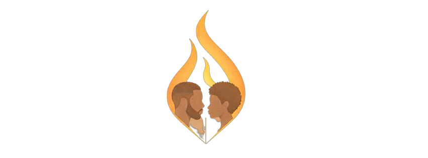 Logo with two faces facing each other and a flame around them