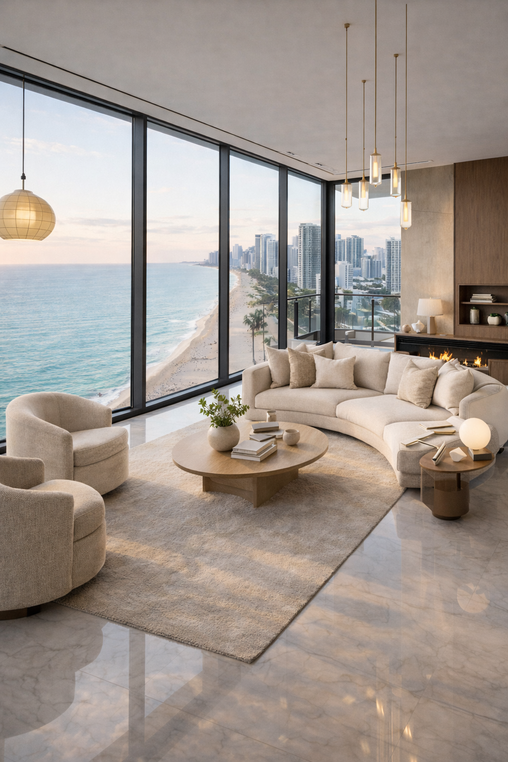 uxury high-rise condo detailing in Sunny Isles Beach featuring floor-to-ceiling glass and ocean views.