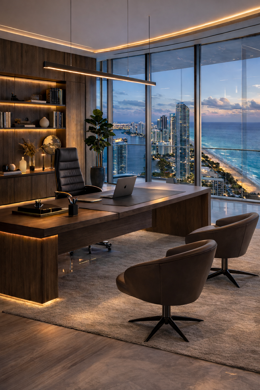 Executive office sanitization in an Aventura FL corporate suite with minimalist luxury design.