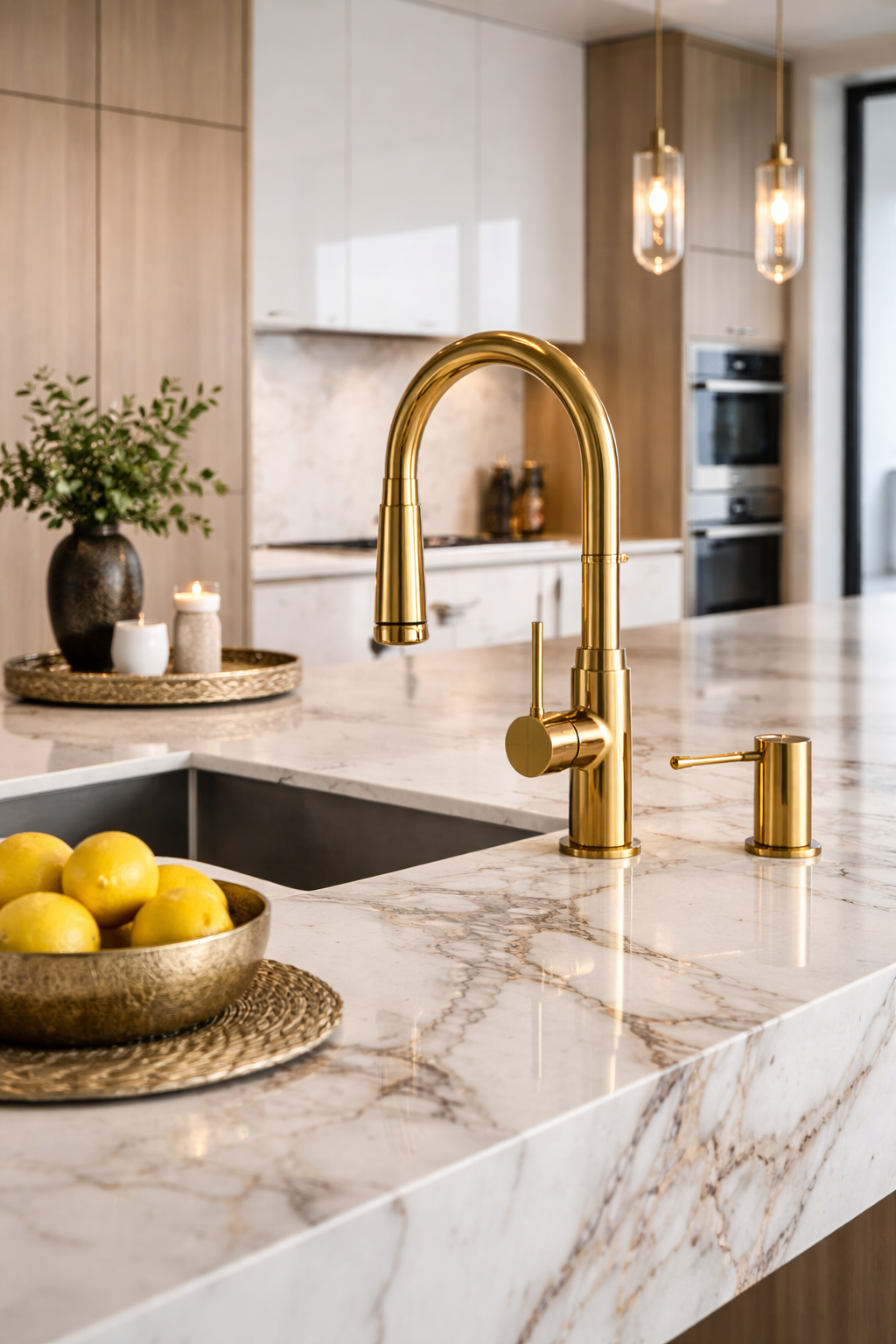Modern luxury kitchen with marble countertops and a brass faucet, representing the high‑end house and condo cleaning services offered by SunnyPro in Sunny Isles Beach, Aventura and Hollywood.
