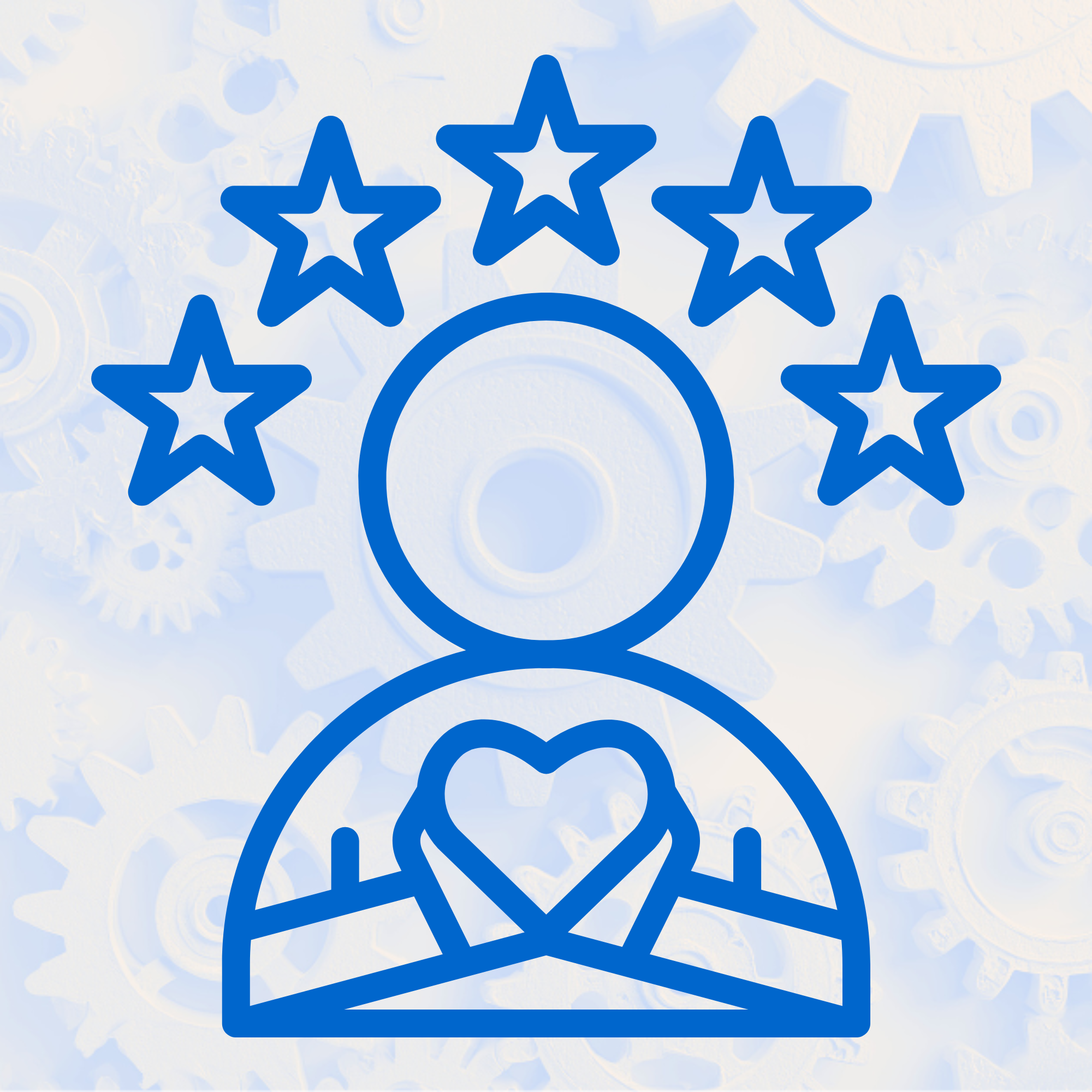 Line drawing of a person with a heart symbol on their chest, surrounded by seven stars above their head, against a background of gears and cogs.