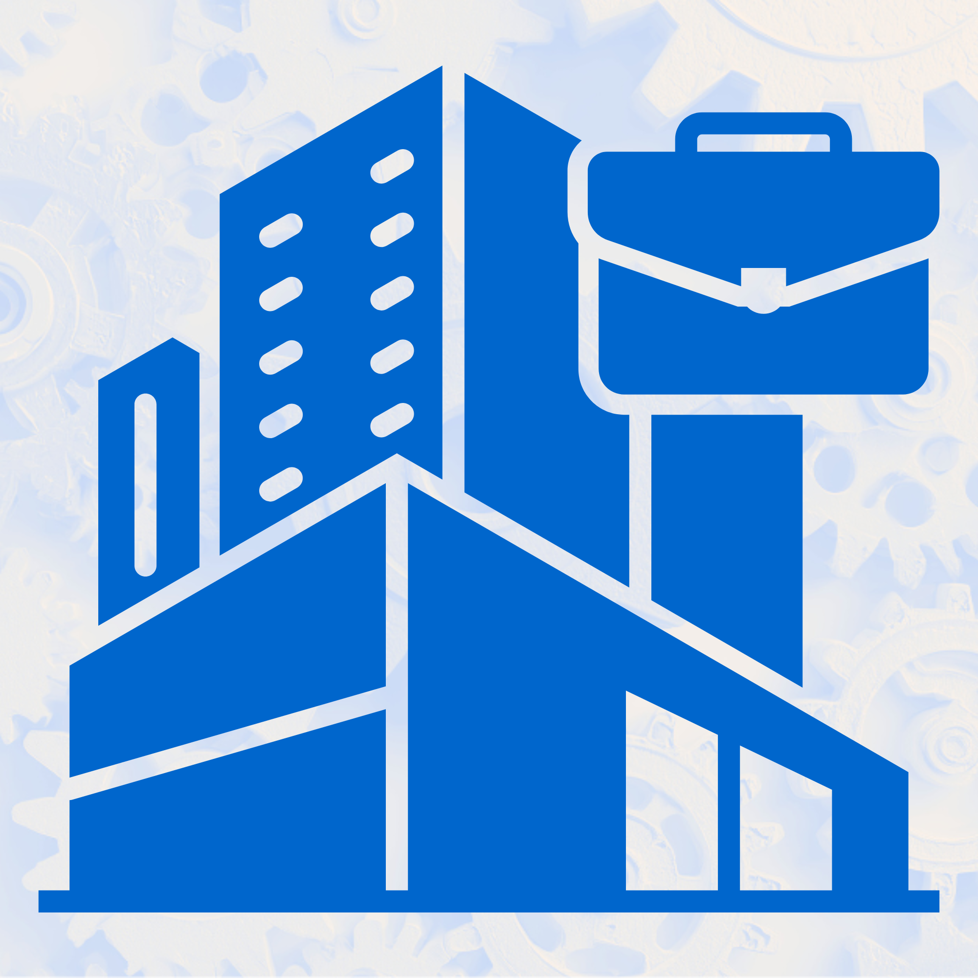 Blue icon of various types of office buildings and a briefcase on a light background with gear and cogs pattern.